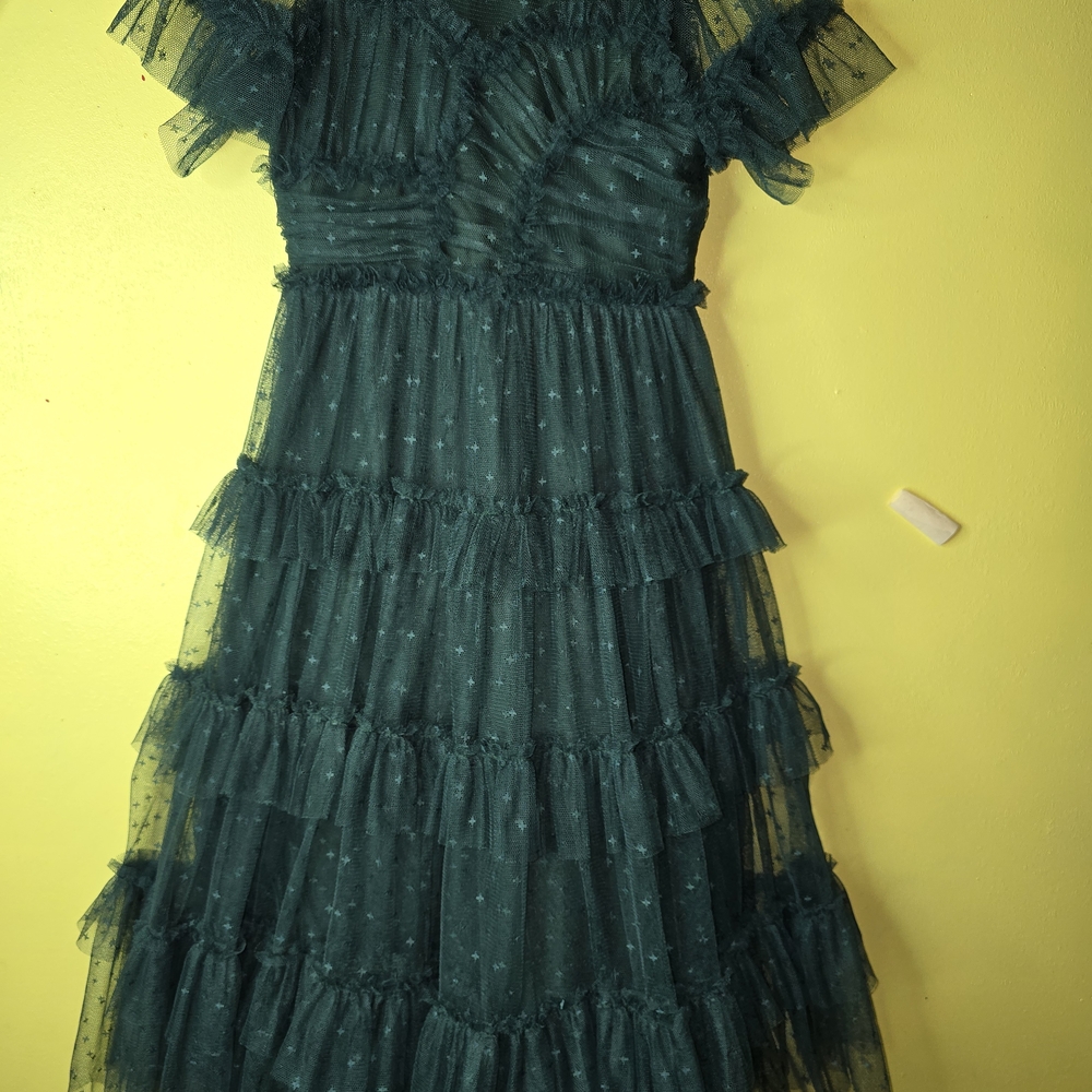 Girls Emerald Green Ruffle Tiered Tulle Dress - Picture 2 of 9
